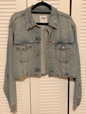 Zara Light Wash Cropped Denim Jacket with Sparkle Rhinestone Embellishment